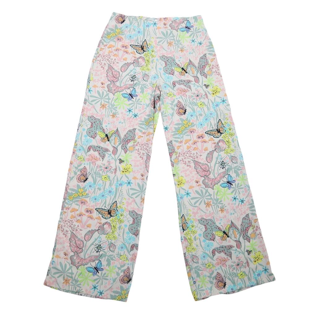 Never Fully Dressed cream pink floral butterfly wide leg pants NWT 4